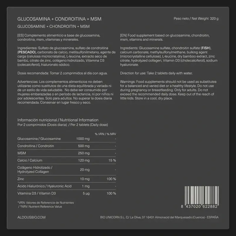 Aldous Bio Glucosamine, Chondroitin, Msm, Collagen, Hyaluronic Acid, Zinc, Calcium & Vitamin D3 , 200 tablets