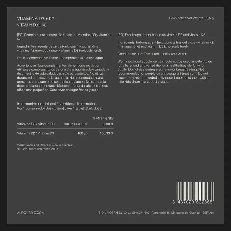 Aldous Bio Vitamin D3 + K2, 250 tablets