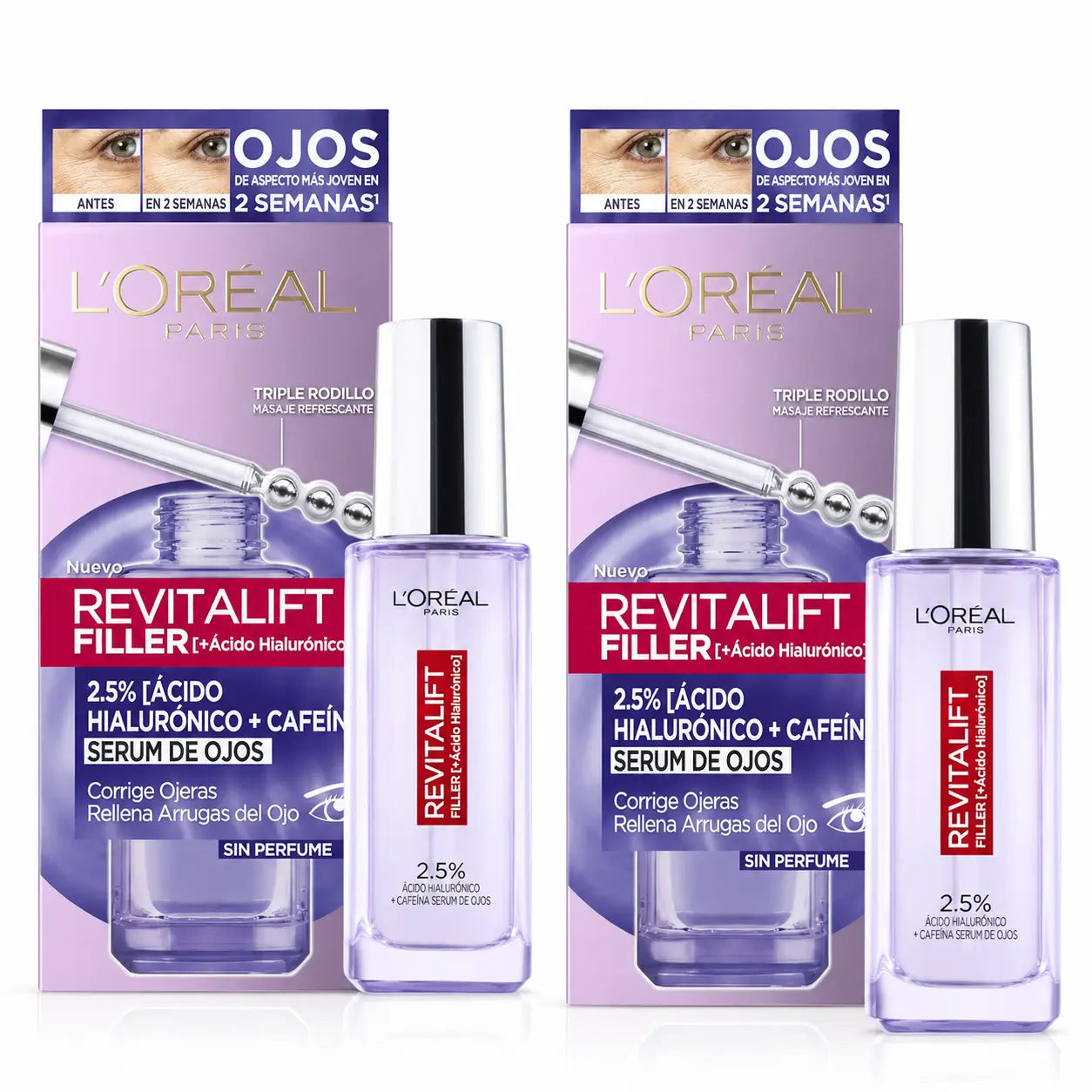 L'Oréal Paris Revitalift Filler Eye Serum: 2.5% Hyaluronic Acid & Caffeine, Triple Roll-On, pack 2