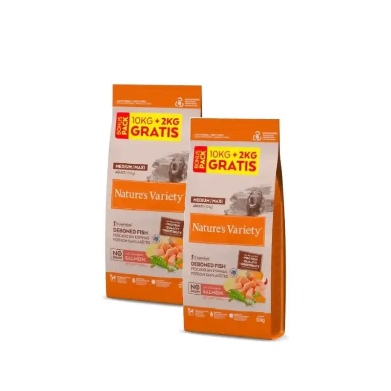 Nature's Variety No Grain Medium/Maxi Dog Food with Salmon – Pack of 2 x 10+2kg