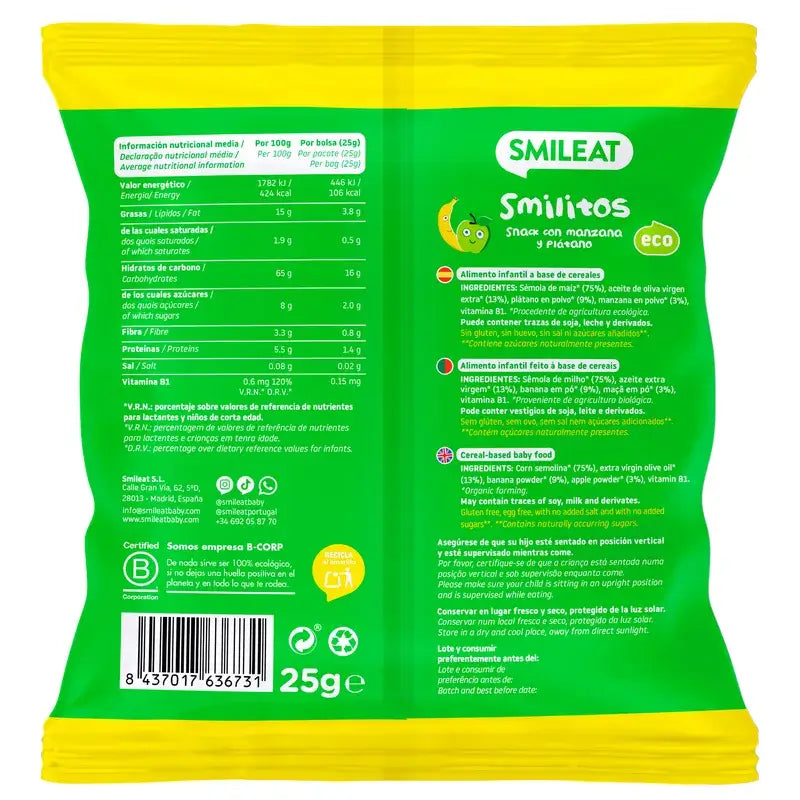 Smileat Smilito Snacks Apple & Banana Eco Smileat , 25 grams