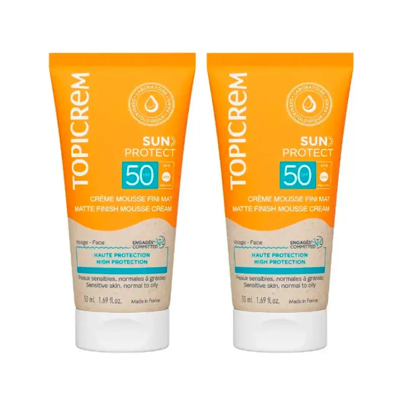 Topicrem Sun Protect Matte Finish Mousse Cream Spf50, Pack 2 x 50 Ml