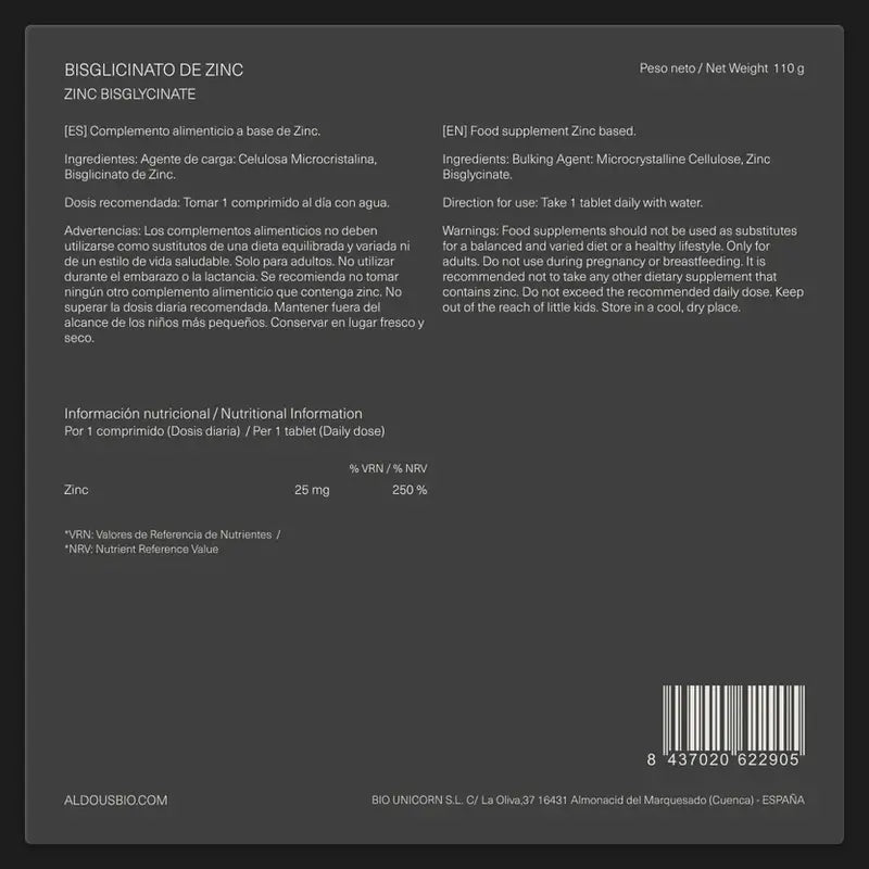 Aldous Bio Zinc Bisglycinate 25 Mg, 500 tablets