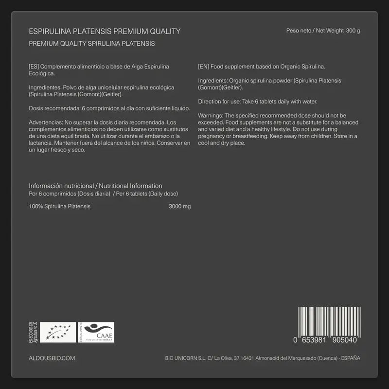 Aldous Bio Spirulina Organic Premium, 600 units