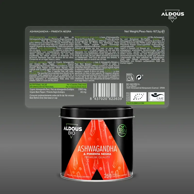Aldous Bio Ashwagandha Root With Black Pepper , 250 capsules