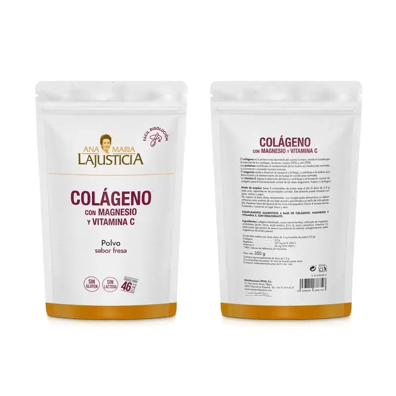 Ana Maria Lajusticia Collagen With Magnesium + Vit.C Strawberry Flavour Powder Doypack, 2x350 grams