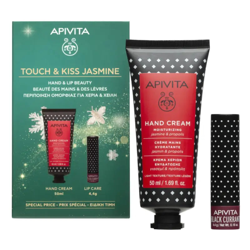 Apivita Jasmine Hand Cream + Blackcurrant Lip Balm Set, 50 + 4.4 ml