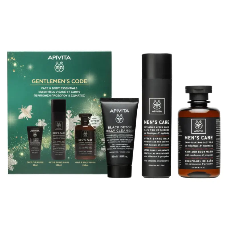 Apivita Mencare Gift Set: Aftershave + Black Detox + Free Gift, 100 + 50 + 250 ml