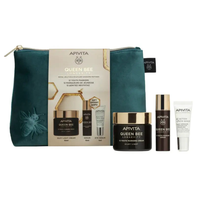 Apivita Queen Bee Longevity Gift Set: Light Cream Routine + Free Gifts, 50 + 10 + 5 ml