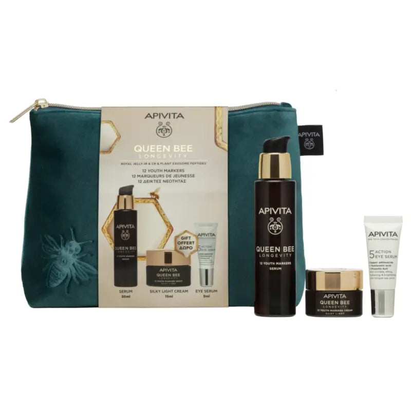 Apivita Queen Bee Longevity Serum Routine Gift Set + Free Gifts, 30 + 10 + 5 ml