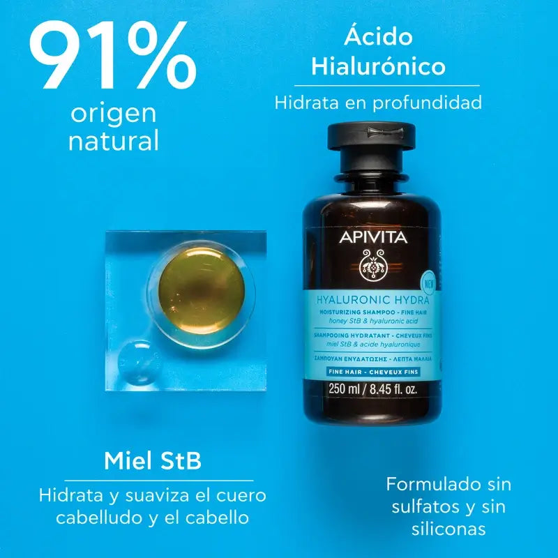 Apivita Hyaluronic Hydra Moisturising Shampoo Fine Hair, 250 Ml