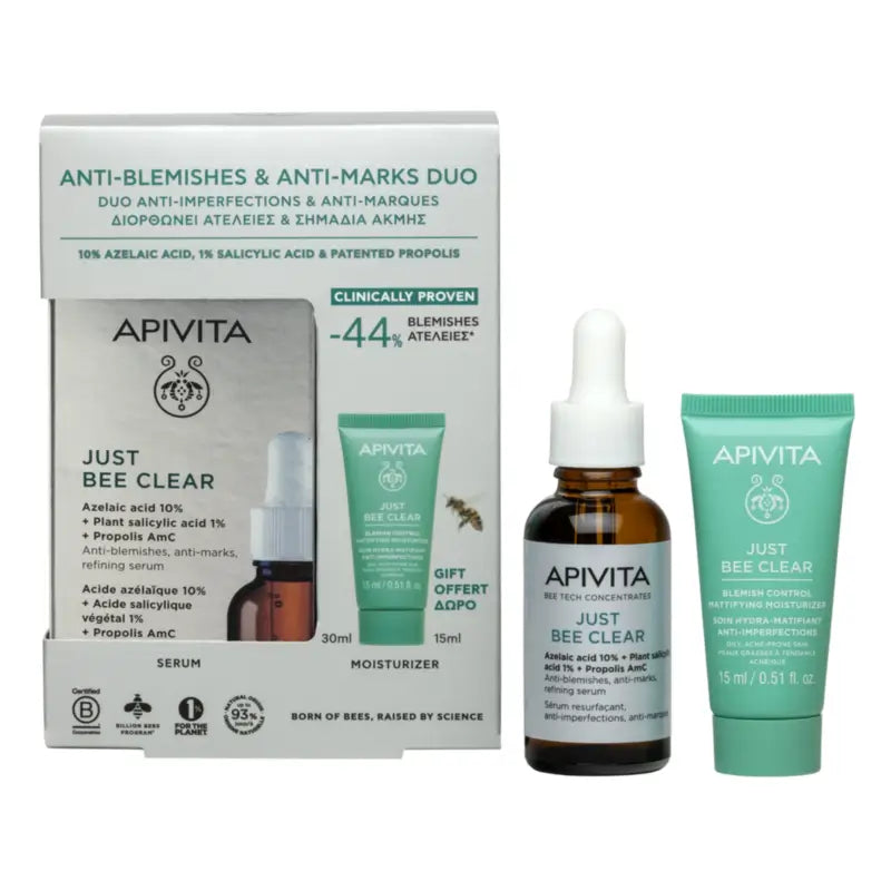 Apivita Just Bee Clear Serum 30ml + Mattifying, Moisturising Anti-Blemish Cream 15ml