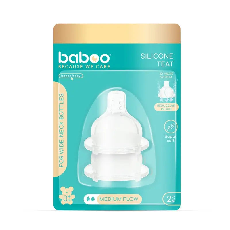Baboo Wide Neck Anti-Colic Teats Medium Flow, 3+ Months, 2 pieces