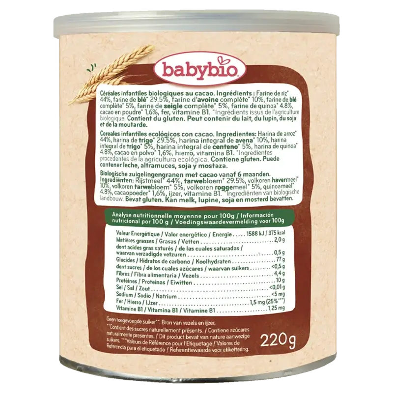 Babybio 5 Cereals with Cocoa, Pack 2 x 220 g