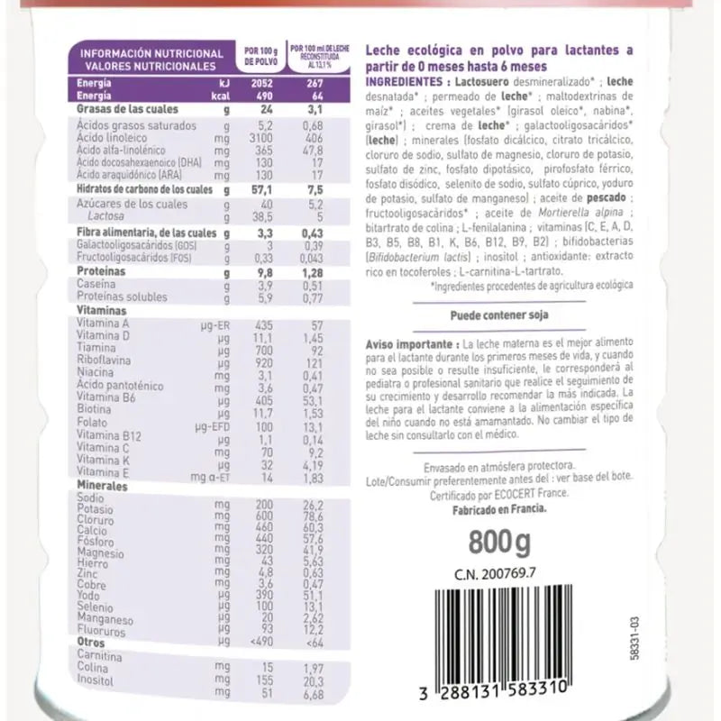Babybio Optima 1 Cow's Milk 0-6 Months, Pack 12 x 800 grams