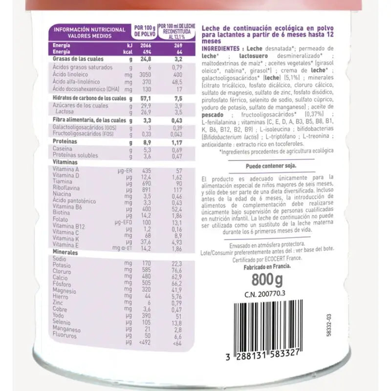 Babybio Optima 2 Cow's Milk 6-12 Months, Pack 8 x 800 grams