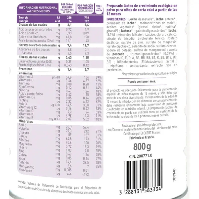 Babybio Optima 3 Cow's Milk 12-36 Months, Pack 4 x 800 grams
