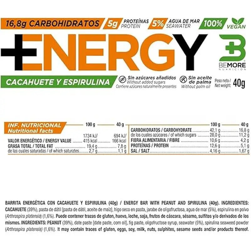 Bemore Nutrition Energy+ Energy Bar Peanut & Spirulina flavour