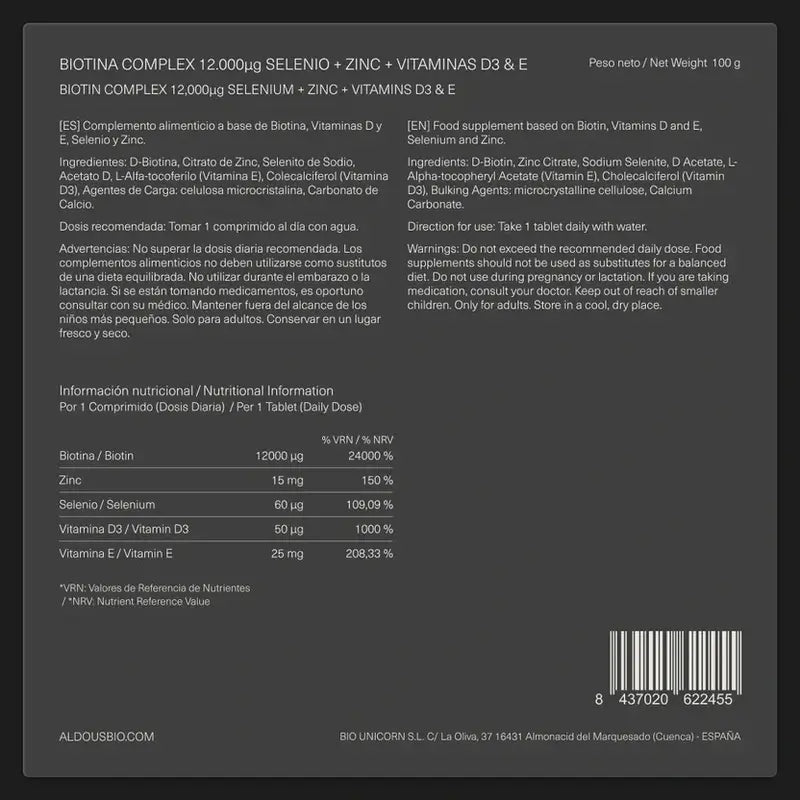 Aldous Labs Biotin with Zinc, Selenium, Vitamin D3 and Vitamin E