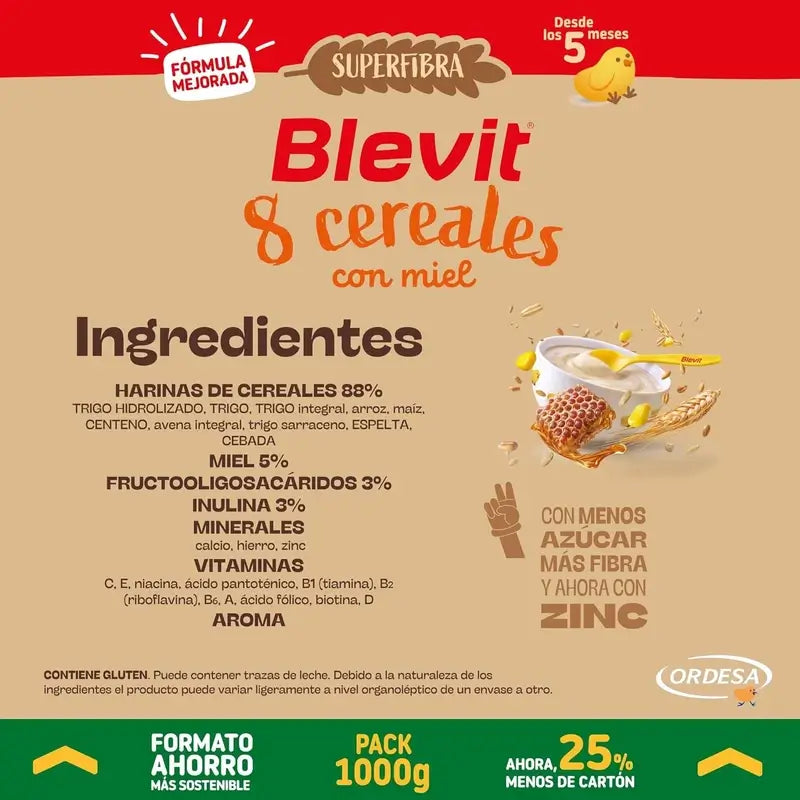 Blevit Baby Food Superfibre 8 Cereals & Honey, 1000 grs.
