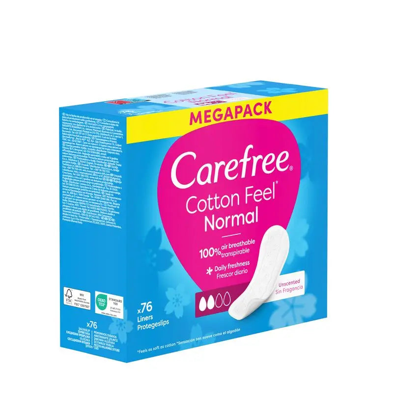 Carefree Cotton Panty Liners Fragrance Free, Breathable Cotton Panty Liner Fresh & Soft Feel, 76 pcs.