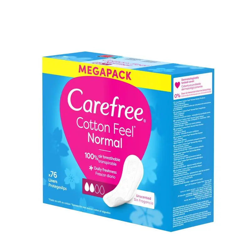 Carefree Cotton Panty Liners Fragrance Free, Breathable Cotton Panty Liner Fresh & Soft Feel, 76 pcs.