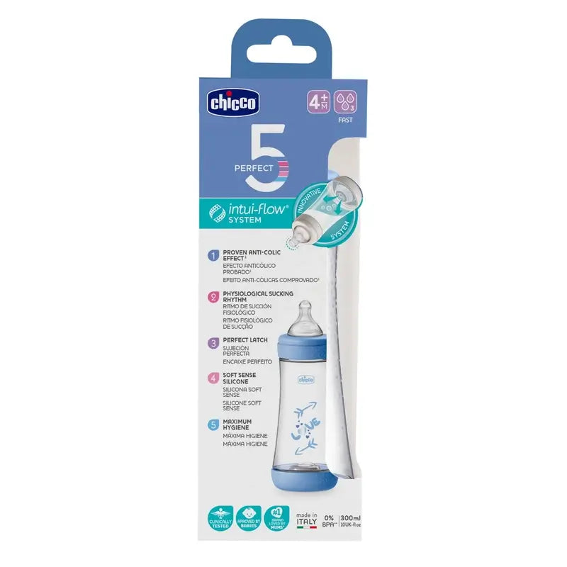 Chicco Baby Bottle Perfect5 Blue Quick Flow 300Ml 4M+
