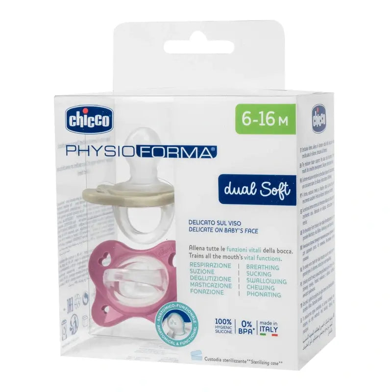 Chicco Physioforma Dual Soft Silicone Pacifier Pink 6-16M 2 Units