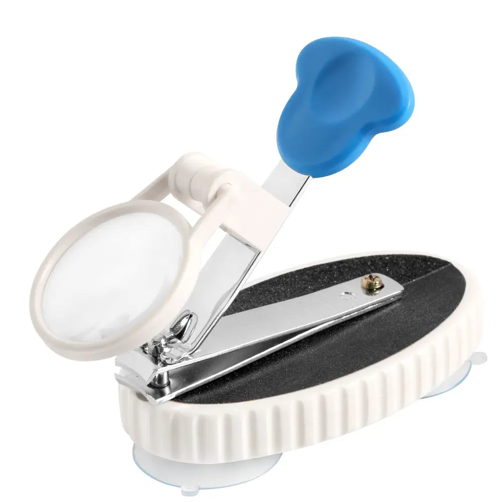 Stick-on nail clippers with a magnifying glass