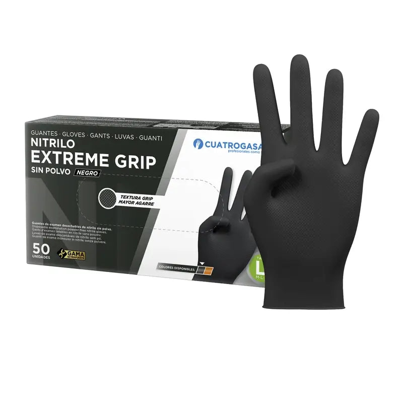 Cuatrogasa Extreme Grip Nitrile Glove Black L Black, 50 units