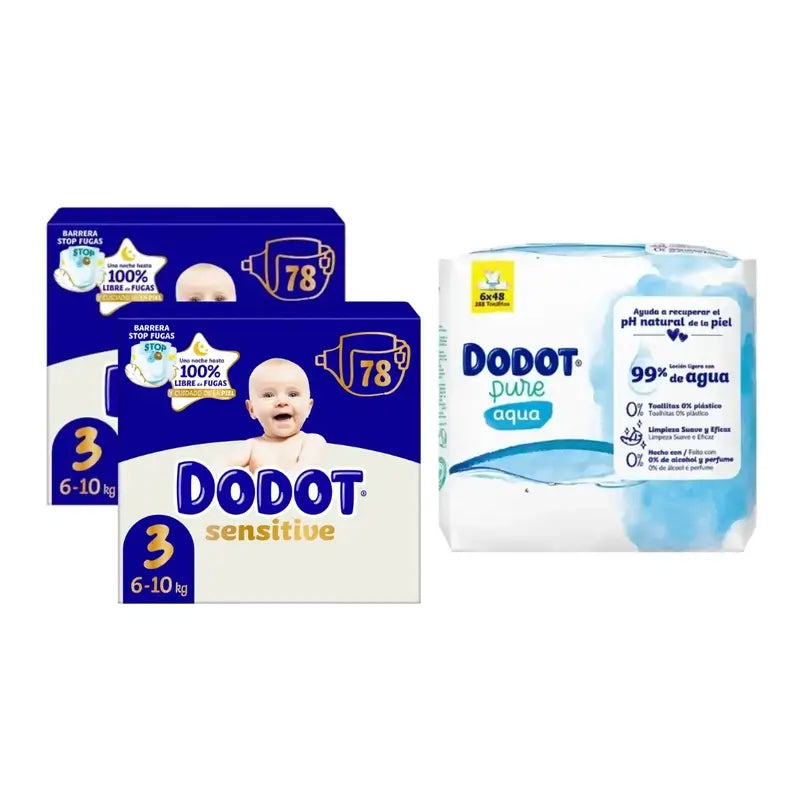 Dodot Sensitive Jumbo Sensitive Nappy Pack Size 3 , 2x78 Units + Aqua Plastic Free Wipes Box 6X48 (288 Units)