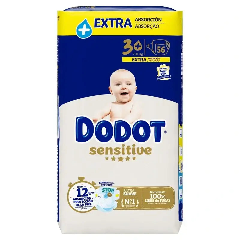 Dodot Sensitive Extra Jumbo Nappy Size 3+, Pack 2 x 56 Nappies