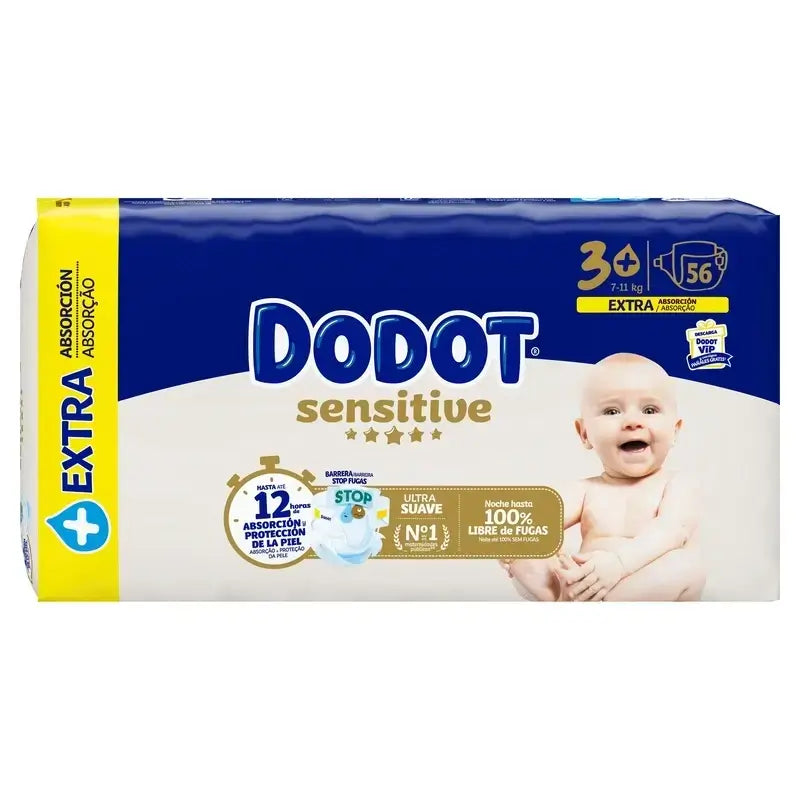 Dodot Sensitive Extra Jumbo Nappy Size 3+, Pack 2 x 56 Nappies
