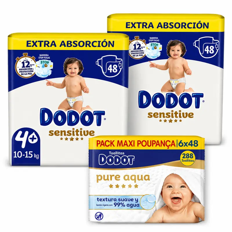Dodot Sensitive Nappies Extra Absorbency 10-15 kg Size 4+, 96 pcs. + Dodot Pure Aqua 288 Wipes