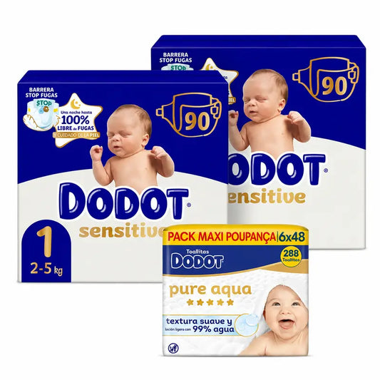 Dodot Sensitive Size 1, 2kg-5kg, 180 Nappies + Dodot Pure Aqua 288 Wipes