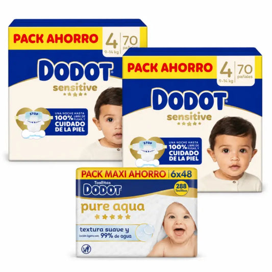 Dodot Sensitive Size 4 9 Kg, 14 Kg, 140 Nappies + Wipes 6X