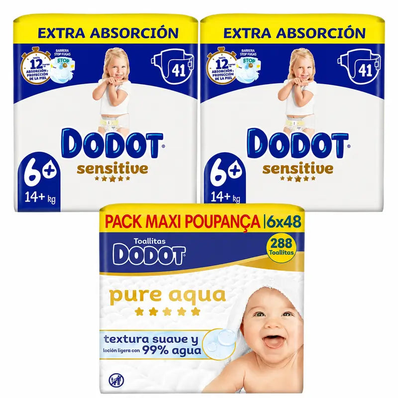 Dodot Sensitive Size 6, 82 Nappies + Dodot Pure Aqua 288 Wipes