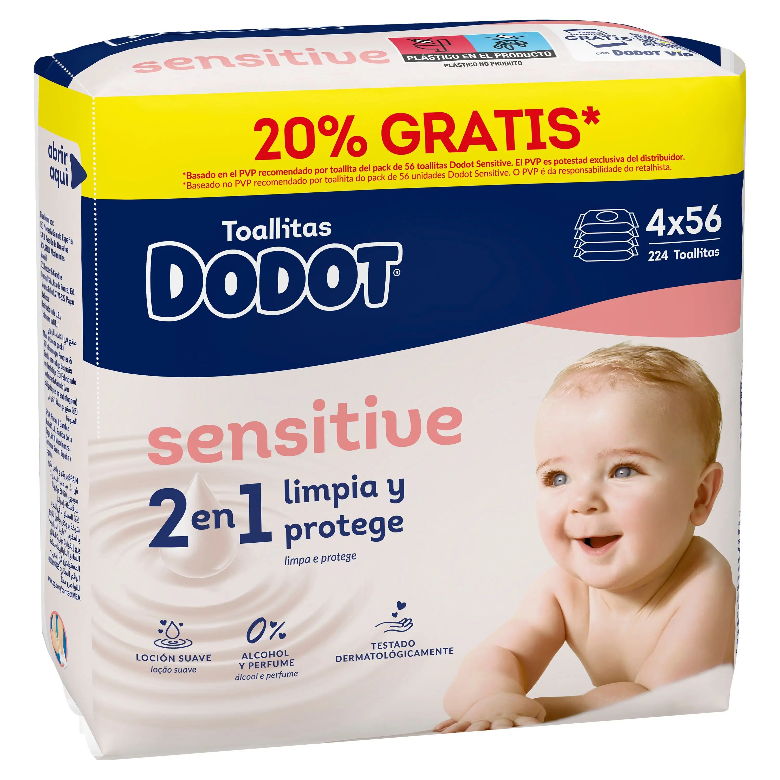 Dodot Sensitive Wipes, 4x56, 224 pieces (20% FREE)