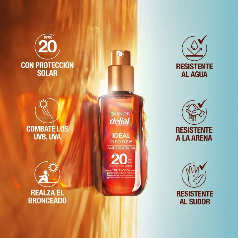 Garnier Delial Protective Tanning Oil Spf 20. Optimum Tanning, Satin Finish, Water Resistant, Non-Sticky 150Ml