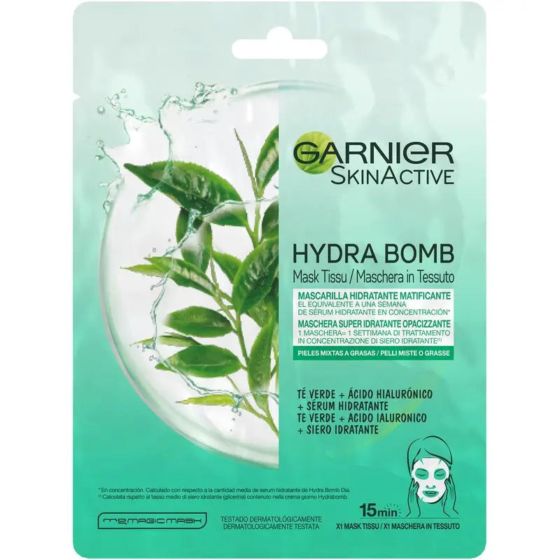 Garnier Skin Active Mask Tissu Hydra Bomb Moisturising Mattifying Fabric Mask With Hyaluronic Acid And Green Tea