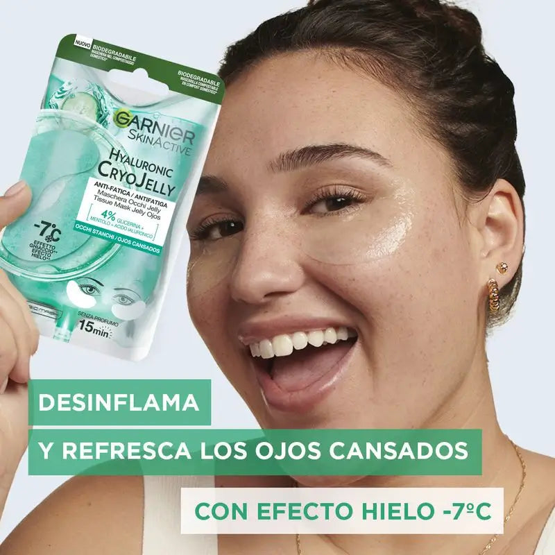 Garnier Tissue Mask Hyaluronic Cryo Jelly Anti-Fatigue Eye Contour Mask. 4% Glycerin + Menthol + Hyaluronic Acid.