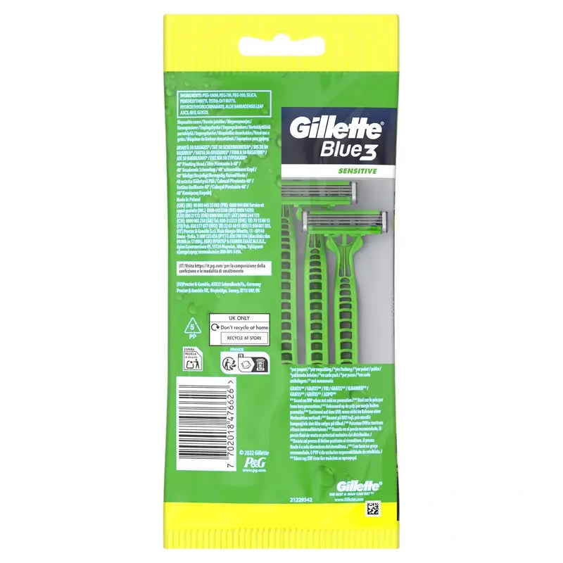 Gillette Blue3 Sensitive Men's Disposable Razor , 5 pcs.