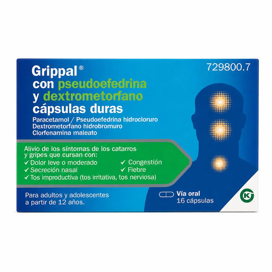 Grippal with Pseudoephredrine and Dextromethorphan 16 capsules