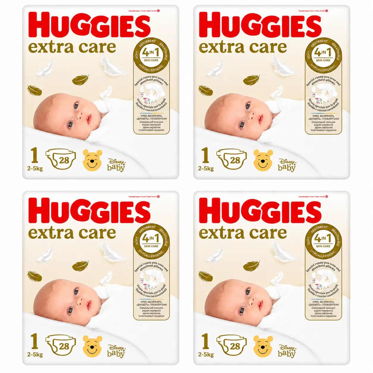 Huggies Extra Care Size 1 (2-5 Kg) Disney Baby Nappy, 28 pieces, pack 4