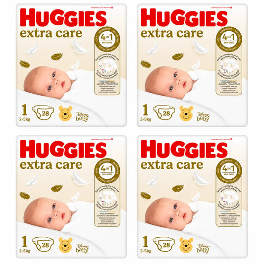 Huggies Extra Care Size 1 (2-5 Kg) Disney Baby Nappy, 28 pieces, pack 4
