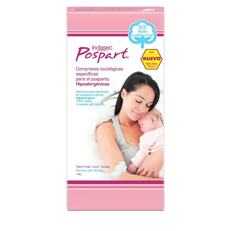 Indasec Pospart Normal Cotton Pads With Wings , 14 units