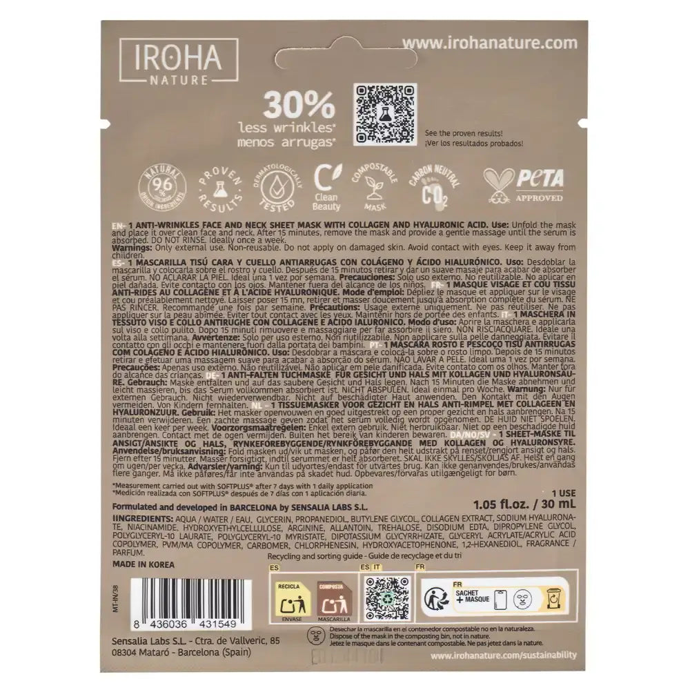 Iroha Nature Anti-Wrinkle Face & Neck Tissue Mask - Collagen , 30 ml