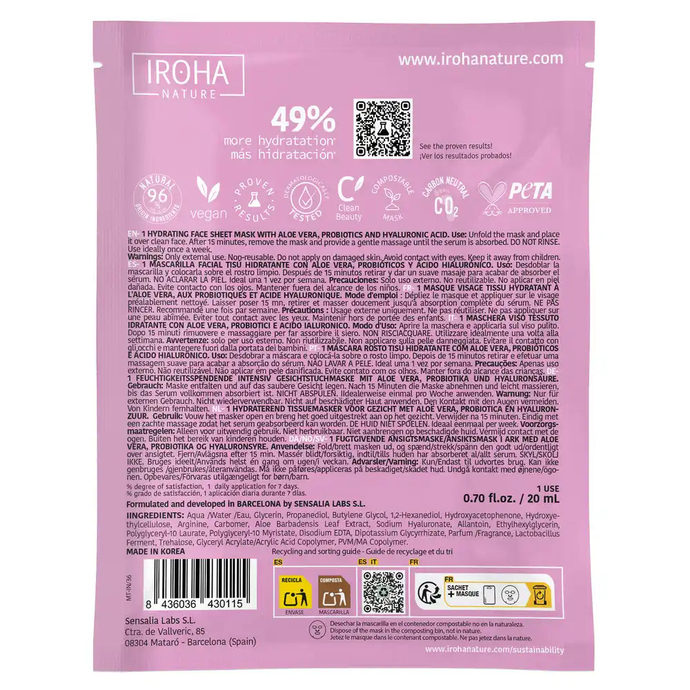 Iroha Nature Moisturising Face Tissue Mask - Aloe Vera , 20 ml