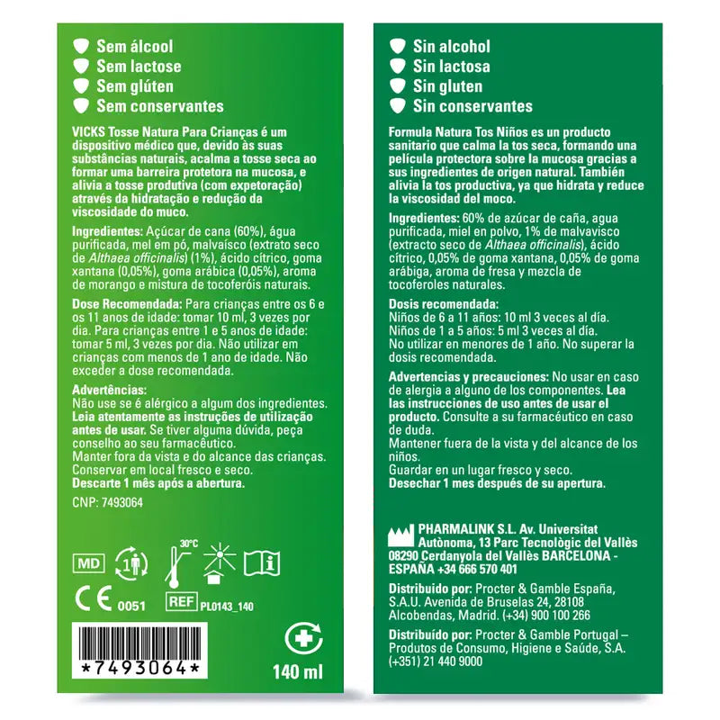 Vicks Formula Natura Cough Syrup Children's Honey Strawberry Flavour, 140 ml