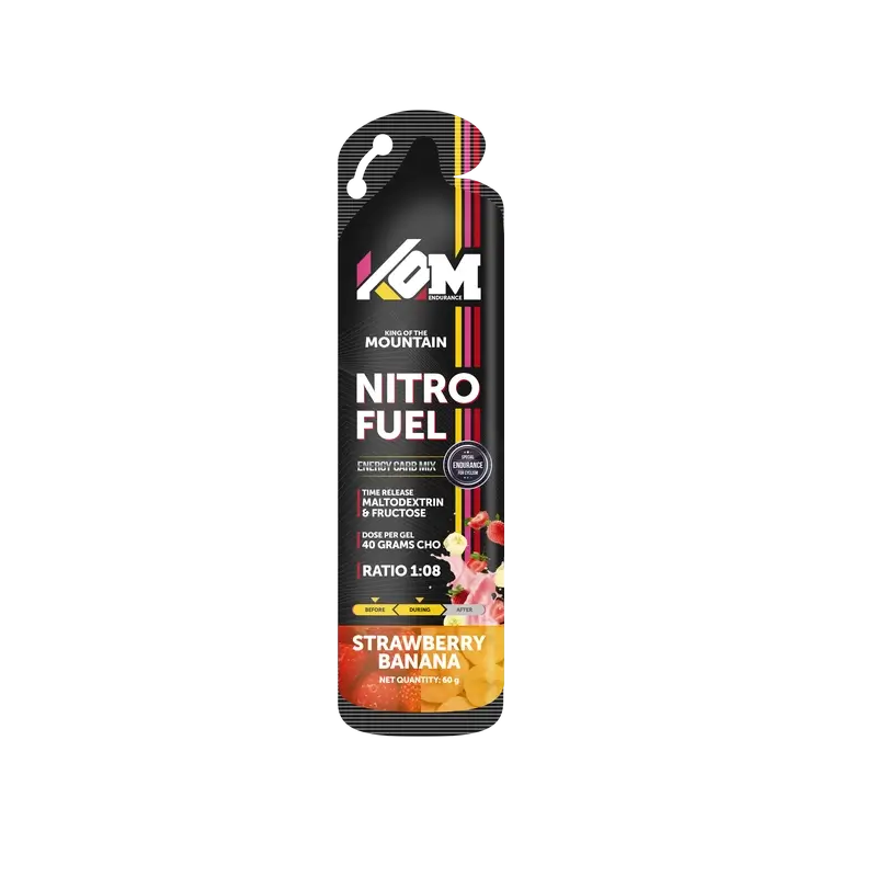 Kom Endurance Sports Nutrition Gels, box of 18 gels of 60g strawberry-banana flavour.